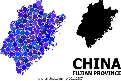 Blue circle dot mosaic and solid map of Fujian Province. Vector geographic map of Fujian Province in blue color hues. Abstract mosaic is designed with randomized sphere dots.