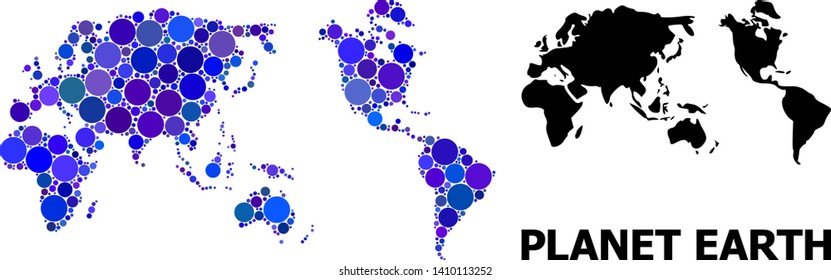 Blue circle dot mosaic and solid map of Earth. Vector geographic map of Earth in blue color variations. Abstract concept is created with randomized circle spots.