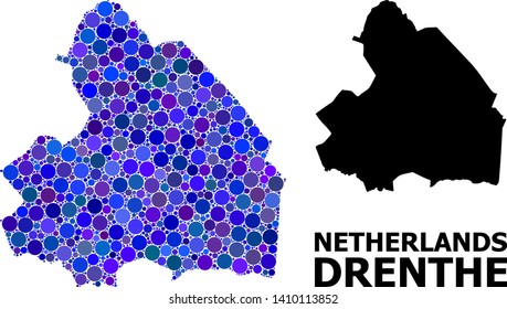 Blue circle dot mosaic and solid map of Drenthe Province. Vector geographic map of Drenthe Province in blue color hues. Abstract mosaic is done with randomized sphere elements.
