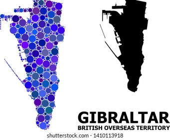 Blue circle dot mosaic and solid map of Gibraltar. Vector geographic map of Gibraltar in blue color variations. Abstract mosaic is designed from random circle points.