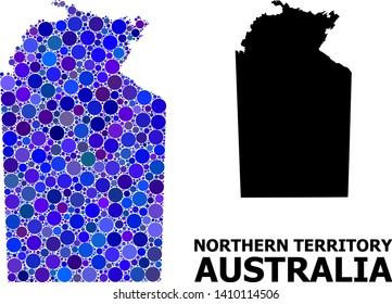 Blue circle dot mosaic and solid map of Australian Northern Territory. Vector geographic map of Australian Northern Territory in blue color hues. Abstract collage is organized from random circle dots.