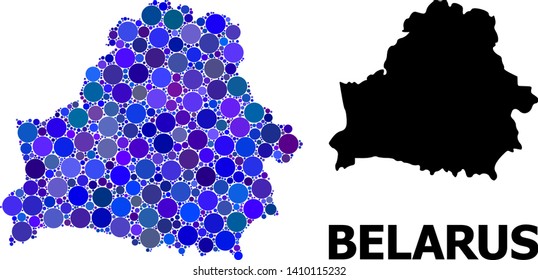 Blue circle dot mosaic and solid map of Belarus. Vector geographic map of Belarus in blue color hues. Abstract mosaic is done with scattered circle blots.