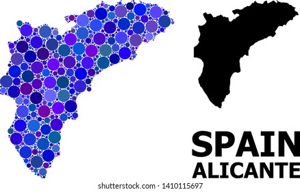 Blue circle dot mosaic and solid map of Alicante Province. Vector geographic map of Alicante Province in blue color shades. Abstract collage is created with random circle points.