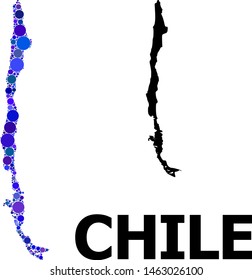Blue circle dot mosaic and solid map of Chile. Vector geographic map of Chile in blue color tones. Abstract mosaic is composed with scattered round blots.