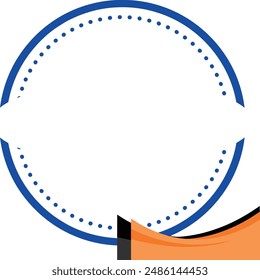 Blue circle with dotted border, orange and black curved shape. Modern geometric design suitable for digital backgrounds, logos, and patterns.