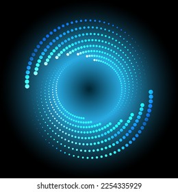 A blue circle of dotted halftones with neon glow on a black background. Abstract design element. The effect of a rotating, disappearing gradient. Vector illustration.
