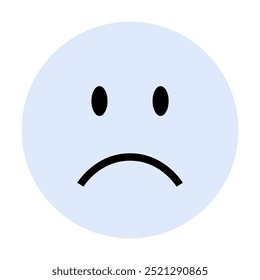 A blue circle with a downturned mouth and black oval eyes conveys sadness or disappointment. Ideal for emotion, mental health, communication, social media, digital art. Cartoon style, minimal.