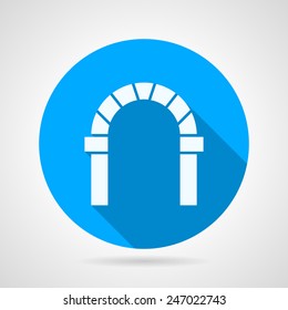 Blue circle flat vector icon with white silhouette brick round archway on gray background. Long shadow design.