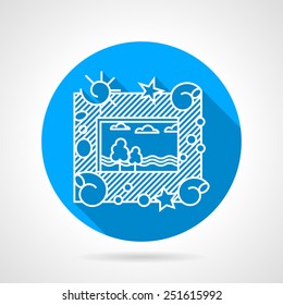 Blue circle flat vector icon with white contour photo or picture frame with shell decoration on gray background with long shadow.