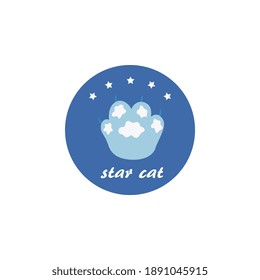 Blue circle frame or badge with funny - star cat - title and icon of kitten paw, flat vector illustration isolated on white background. Domestic pet foot symbol or print.