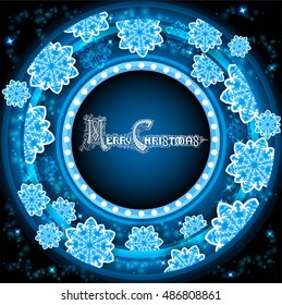 Blue circle frame on tunnel background with blue snowflakes. Vector merry christmas backdrop