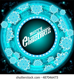 Blue circle frame on tunnel background with azure snowflakes. Vector christmas backdrop