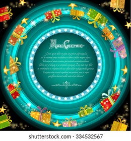 Blue circle frame on turquoise Christmas tunnel background with golden stars and present boxes 