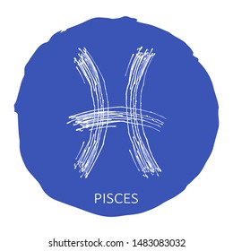Blue circle frame with zodiac sign Pisces isolated on white background. Zodiac constellation. Hand drawn style. Design element for horoscope and astrological forecast.