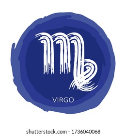 Blue circle frame with zodiac sign Virgos isolated on white background. Zodiac constellation. Design element for horoscope and astrological forecast. Hand drawn style. Vector illustration.