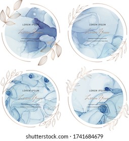 Blue circle frames with alcohol ink texture and hand drawn botanical leaves. Modern template for wedding invitation, greeting 