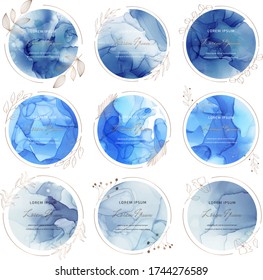 Blue circle frames with alcohol ink texture and hand drawn botanical leaves. Modern template for wedding invitation, greeting 
