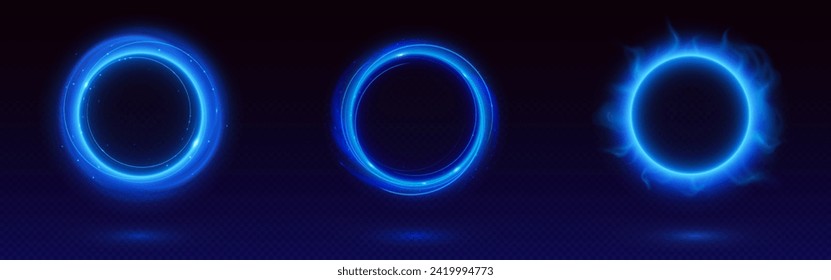 Blue circle frames set isolated on transparent background. Vector realistic illustration of round neon borders with haze and shimmering particles, sparkles, magic power effect, space portal design