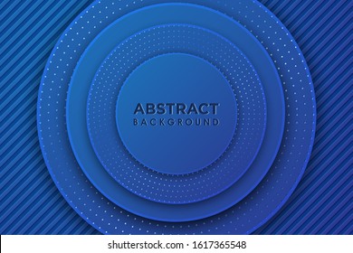 Blue circle geometric tiles textured with white shiny patterns. Modern cover design. Vector illustration. Ad banner. Abstract background. Minimal composition with hex shapes. Layout design