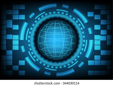 Blue circle of globe with ring and gears on dark blue background. Vector illustration in technology background concept.