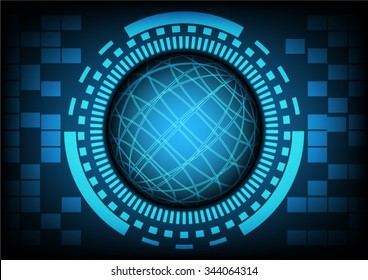 Blue circle of globe with ring and gears in technology background, Vector illustration.