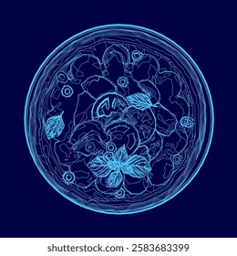 A blue circle with a green leaf in the center. The circle is surrounded by a blue border