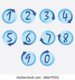 Blue circle hand written numbers set with brushed turning clockwise rotation arrow borders