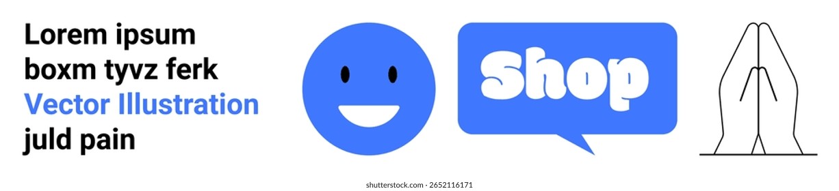 Blue circle with a happy face, a blue speech bubble with the word Shop, and black and white praying hands. Ideal for shopping, social media, religion, banners, and landing pages. Banner for landing