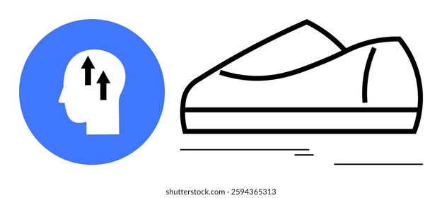 Blue circle with head profile featuring two upwards arrows next to minimalist running shoe. Ideal for mental health awareness, fitness motivation, wellness coaching, sports promotion, personal