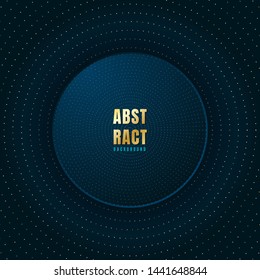 Blue circle label center with golden dots pattern glitter shining on dark background. Luxury style geometric. Vector illustration