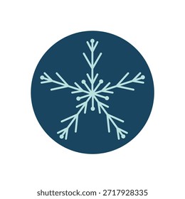 Blue circle label with snowflake outline, ideal as a winter seal for package or christmas decoration. Frost and ice detail create a cool icon for festive seasonal needs and holiday delivery.