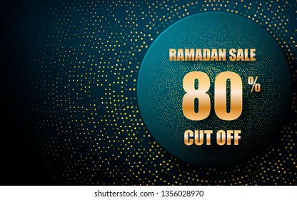 Blue circle layer ramadan sale background. Abstract realistic papercut decoration with circle shape and golden glitters. 3D effect backdrop. vector illustration.