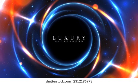 Blue circle light frame overlap with gold ray motion on dark scene. Galaxy and stars background design concept. Luxury style.