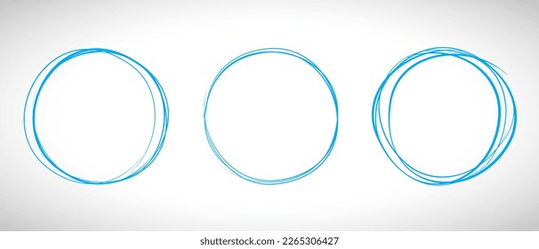 Blue circle line hand drawn set. Highlight hand drawing circle isolated on background. Round handwritten circle. For marking text, note, mark icon, number, marker pen, pencil and text check, vector