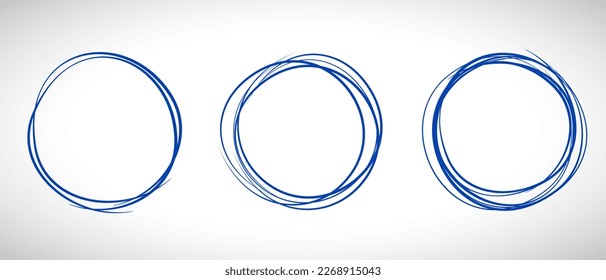 Blue circle line hand drawn set. Highlight hand drawing circle isolated on background. Round handwritten circle. For marking text, note, mark icon, number, marker pen, pencil and text check, vector