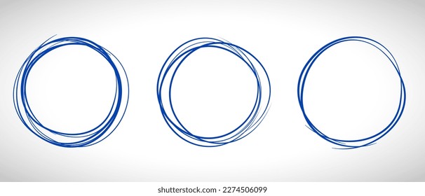 Línea de círculo azul dibujada a mano. Resaltar el círculo de dibujo a mano aislado en el fondo. Círculo redondo escrito a mano. Para marcar texto, nota, icono de marca, número, lápiz de marcadores, revisión de lápiz y texto, vector