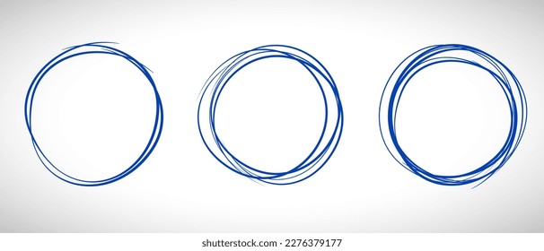 Blue circle line hand drawn set. Highlight hand drawing circle isolated on background. Round handwritten circle. For marking text, note, mark icon, number, marker pen, pencil and text check, vector