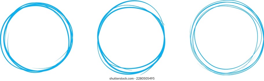 Blauer Kreis Linie handgezeichnet Set. Markieren Sie den handgezeichneten Kreis einzeln auf Hintergrund. Rundgang durch Handschrift. Für die Markierung von Text, Anmerkung, Markensymbol, Zahl, Marker, Stift, Text und Vektorgrafik