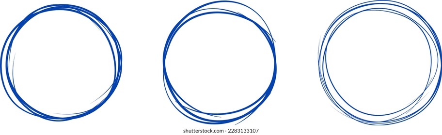 Blue circle line hand drawn set. Highlight hand drawing circle isolated on background. Round handwritten circle. For marking text, note, mark icon, number, marker pen, pencil and text check, vector