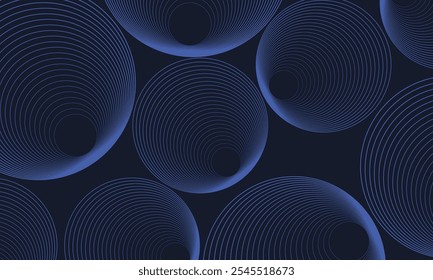 Blue circle lines on black background. Geometric line art design for poster, brochure, cover, website, banner