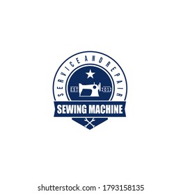 Blue circle logo of sewing machine service and repair business with white sewing machine silhouette and wrench and ribbon