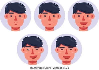Personagem Homem de Círculo Azul com Emoção Feliz em Design Plano