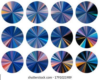 Colección vectorial de elementos de botón ux del gradiente metálico de círculo azul. Swatches vibrantes aislados. Fondo de textura de gradiente de botón metálico. Diseño gráfico de fondo de etiquetas.