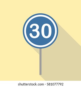blue circle minimun speed at 30 traffic sign all in light brown or cream square flat design with shadow effect