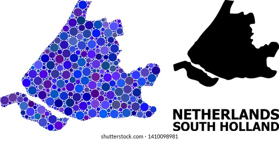 Blue circle mosaic and solid map of South Holland. Vector geographic map of South Holland in blue color hues. Abstract concept is organized from randomized sphere dots.