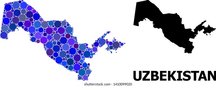 Blue circle mosaic and solid map of Uzbekistan. Vector geographic map of Uzbekistan in blue color tints. Abstract mosaic is constructed from randomized circle blots.