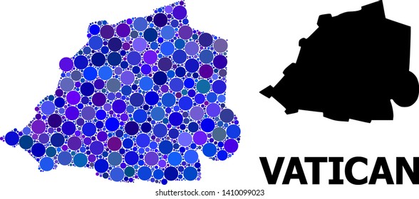 Blue circle mosaic and solid map of Vatican. Vector geographic map of Vatican in blue color tints. Abstract mosaic is designed from randomized circle points.