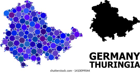 Blue circle mosaic and solid map of Thuringia State. Vector geographic map of Thuringia State in blue color shades. Abstract mosaic is created from randomized sphere items.