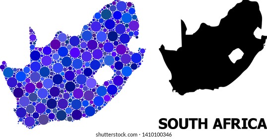 Blue circle mosaic and solid map of South African Republic. Vector geographic map of South African Republic in blue color tinges. Abstract mosaic is constructed from random circle dots.