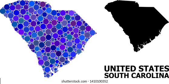 Blue circle mosaic and solid map of South Carolina State. Vector geographic map of South Carolina State in blue color tinges. Abstract mosaic is designed with random circle spots.